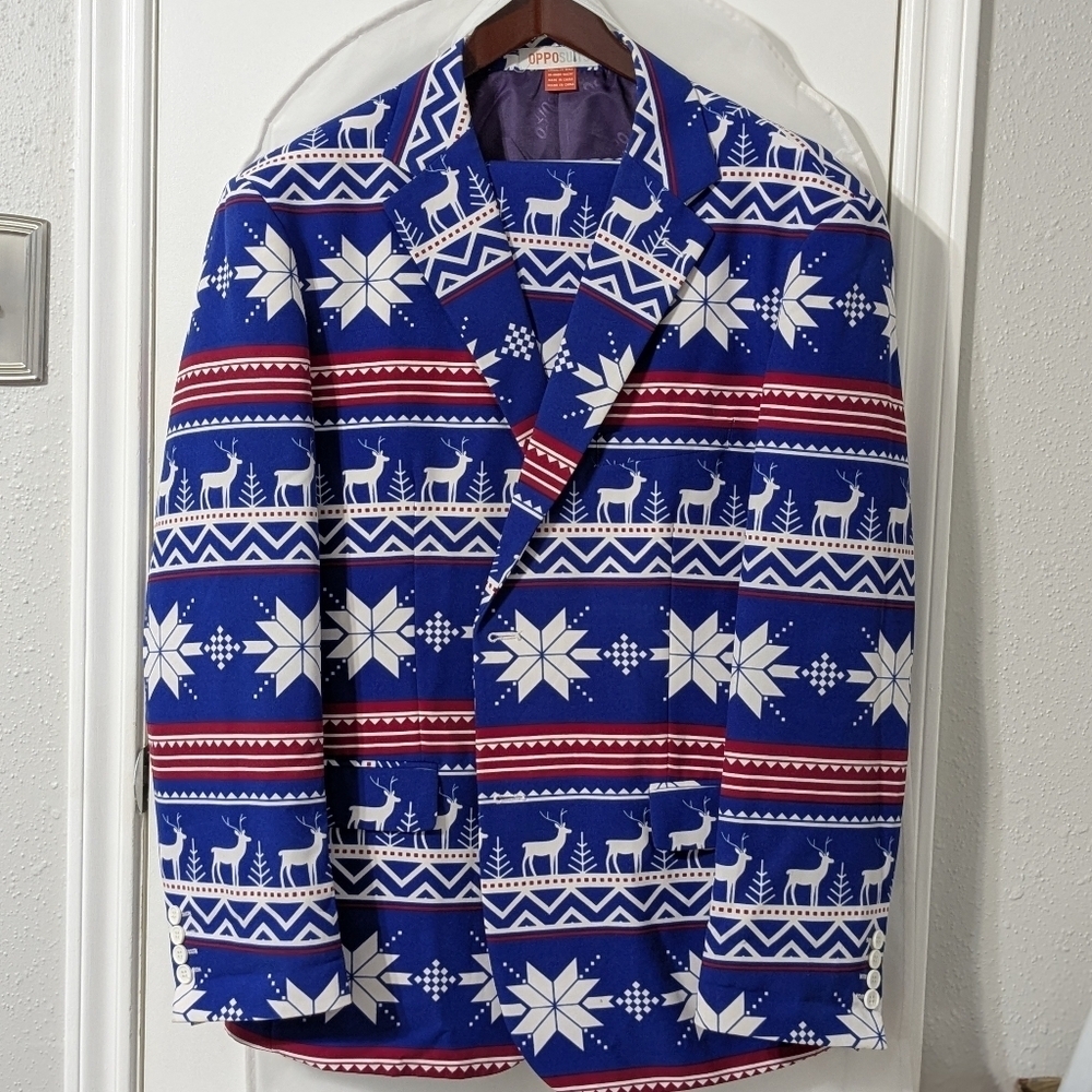 OppoSuits Christmas Holiday reindeer snowflake suit, 50 US, 41-42 waist